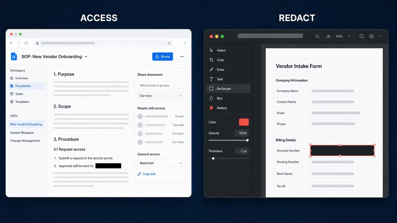 Scribe's share panel with viewer permissions beside Snagit's Redact tool blacking out an account number