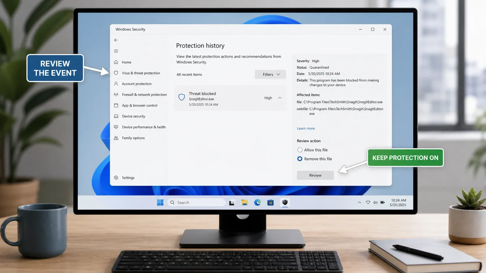 Windows Security Protection history showing a blocked SnagitEditor.exe event ready for review