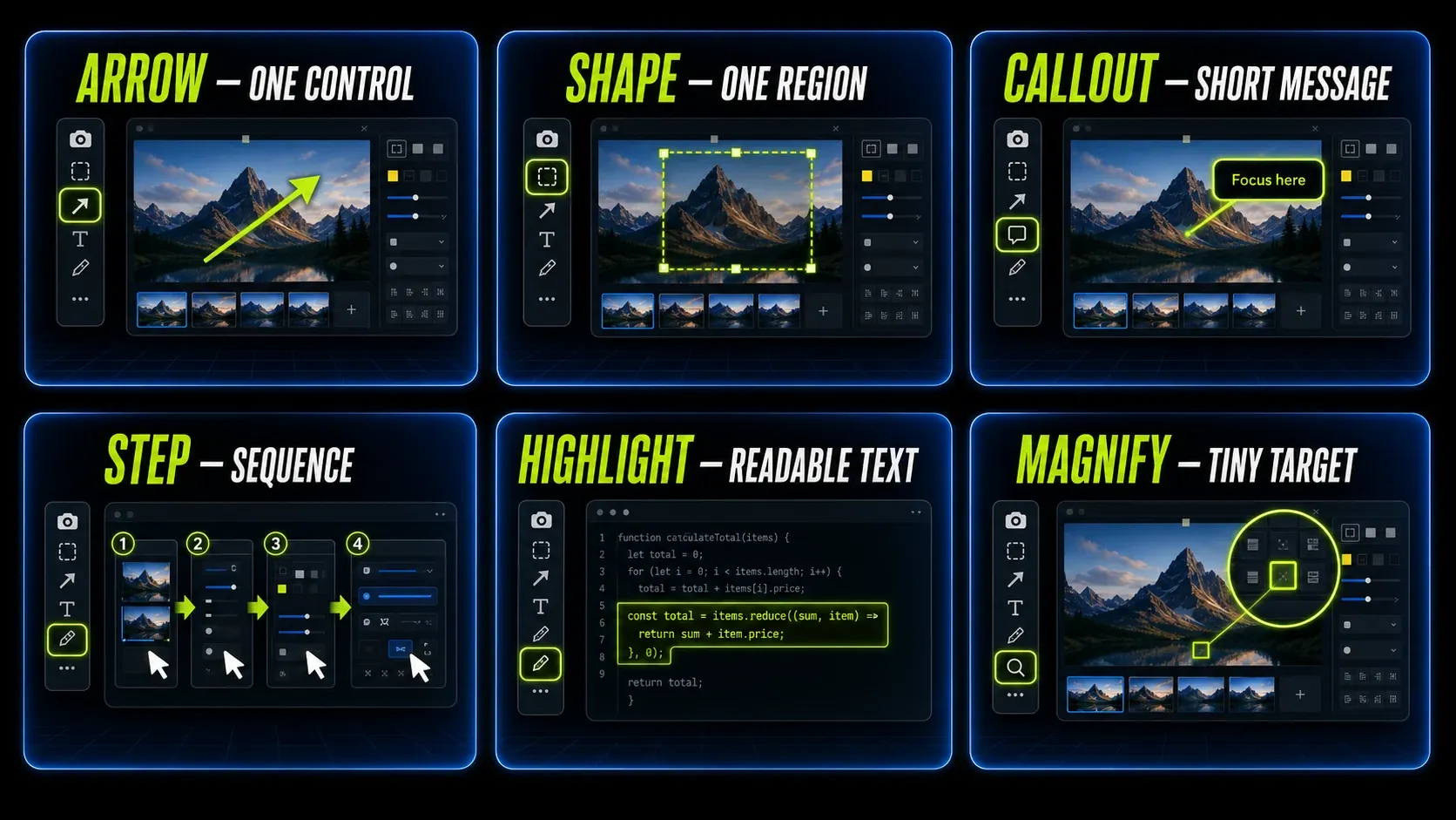 Snagit annotation decision guide for arrow, shape, callout, step, highlight, and magnify tools