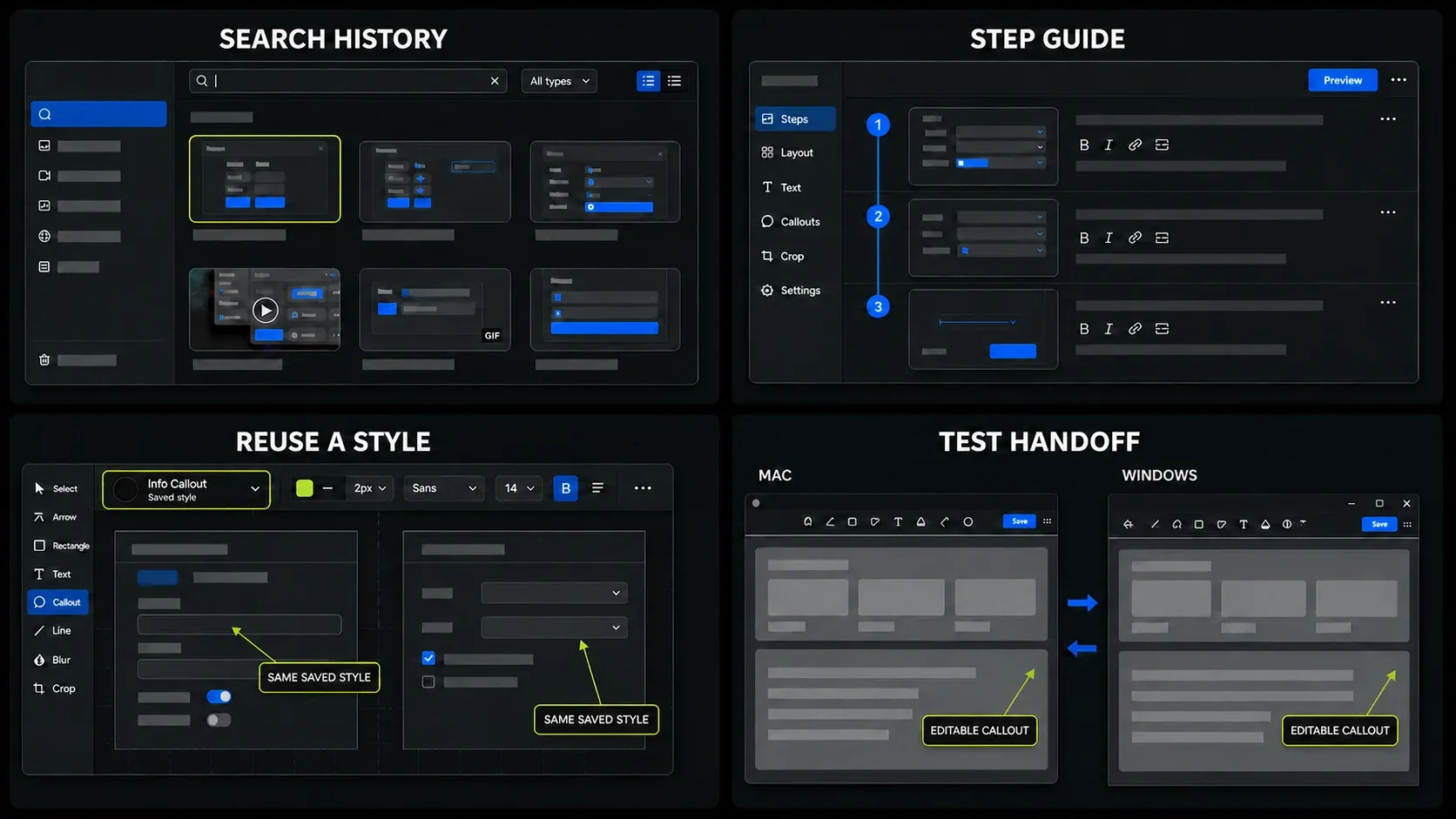 Workflow tests for searchable capture history, step guides, reusable styles, and Mac-Windows handoff