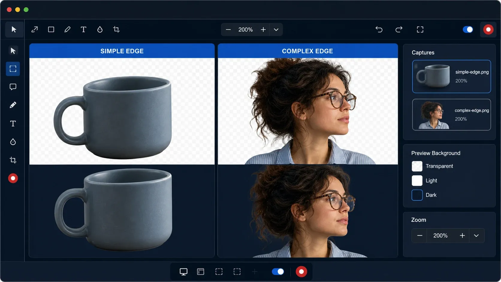Simple hard edges and complex hair checked on light and dark backgrounds after Snagit background removal
