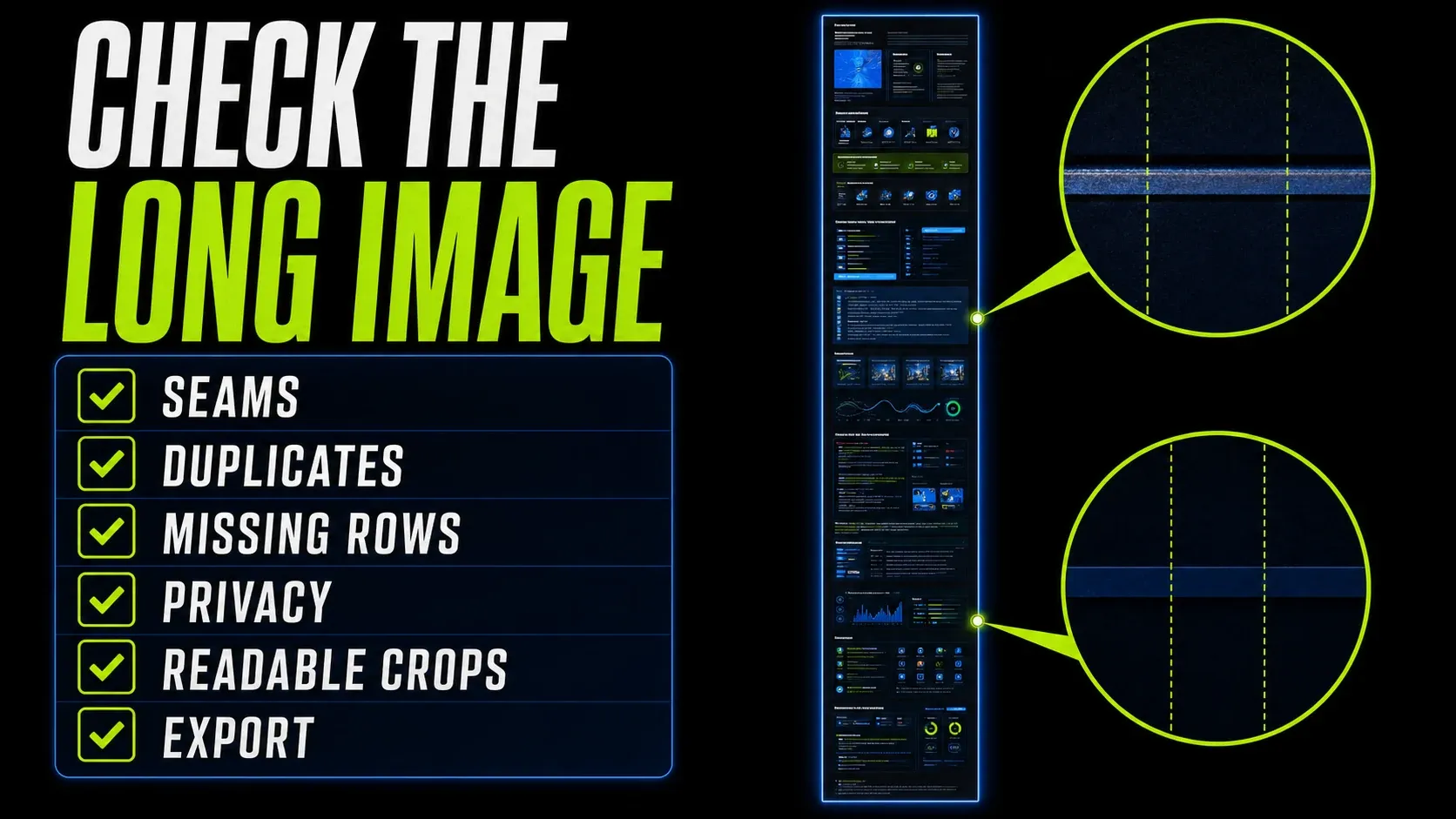 Scrolling screenshot final review for seams, duplicates, missing content, privacy, readable crops, and export