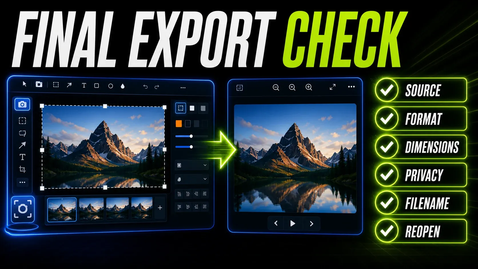 Final Snagit export checklist for source preservation, format, dimensions, privacy, filename, and reopened-file testing