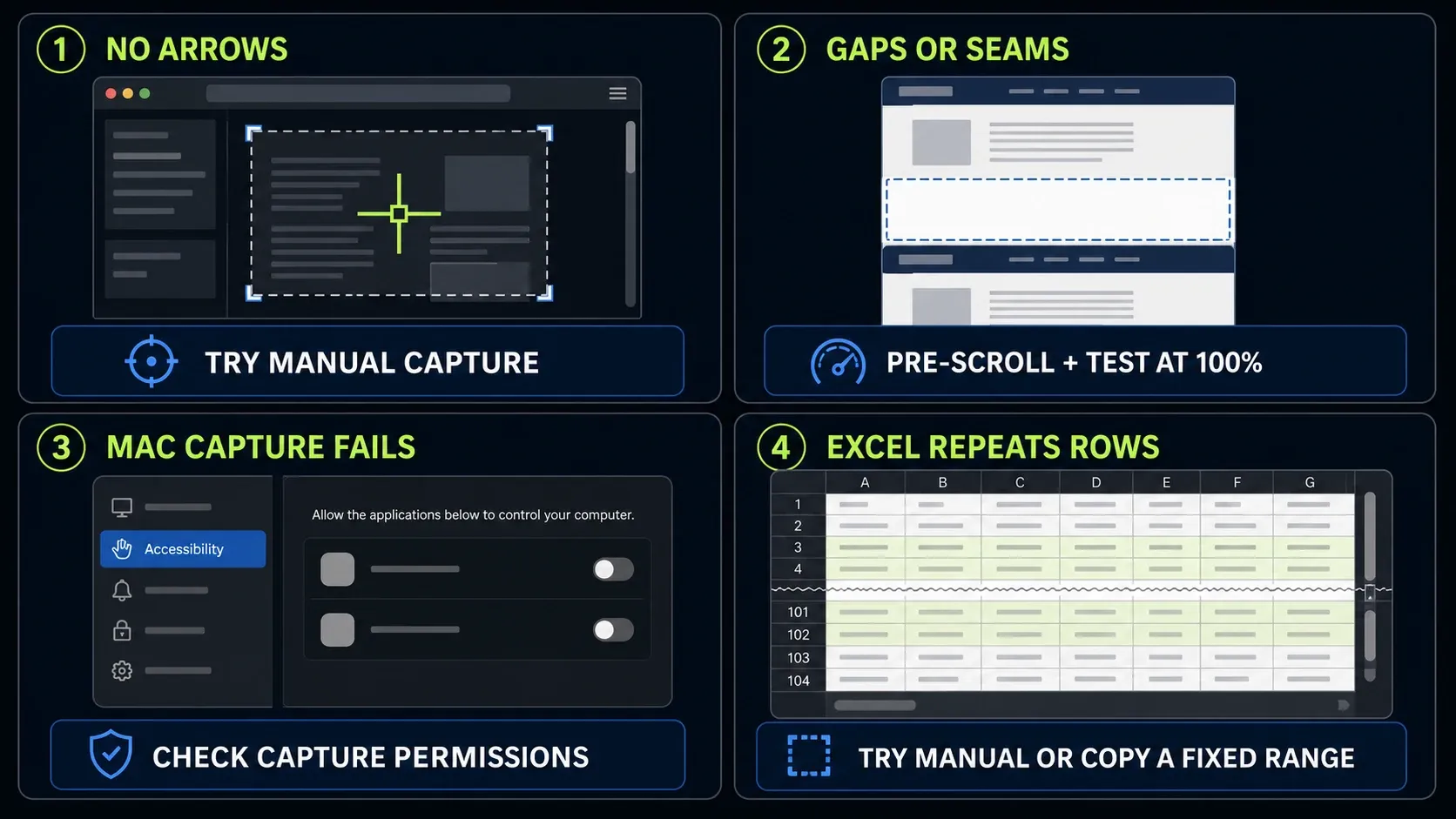 First tests for missing scrolling arrows, gaps or seams, Mac capture permissions, and repeated spreadsheet rows