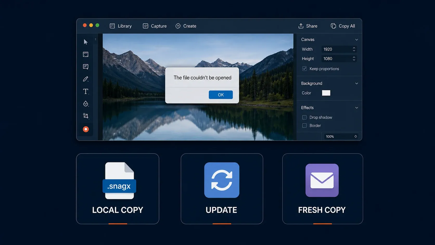 Snagit's file couldn't be opened error above three recovery routes: local copy, update, and a fresh copy
