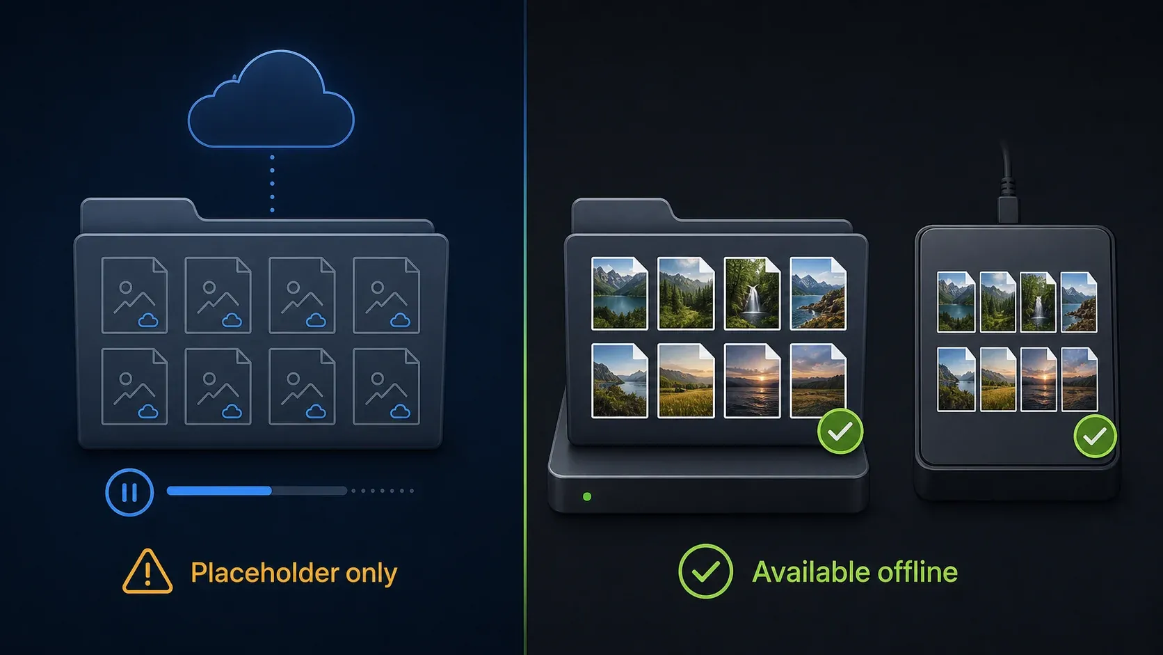 Cloud placeholders compared with an offline Snagit Library and independent backup