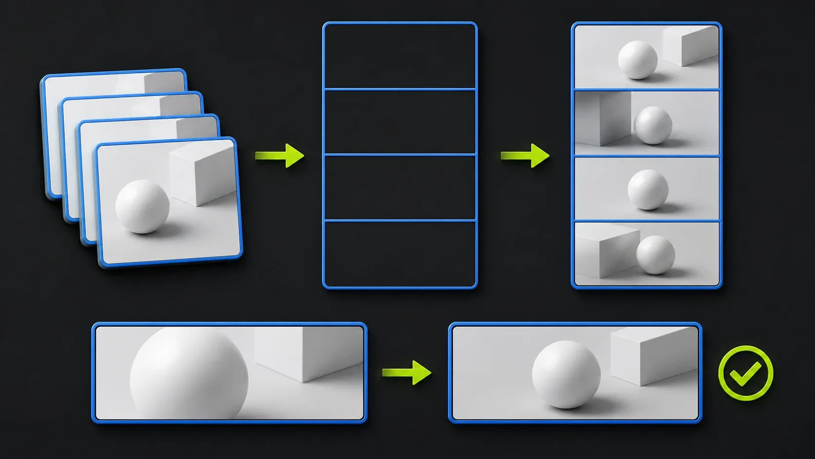 Move selected screenshots into a four-panel template and compare cropped Fill with full-image Fit