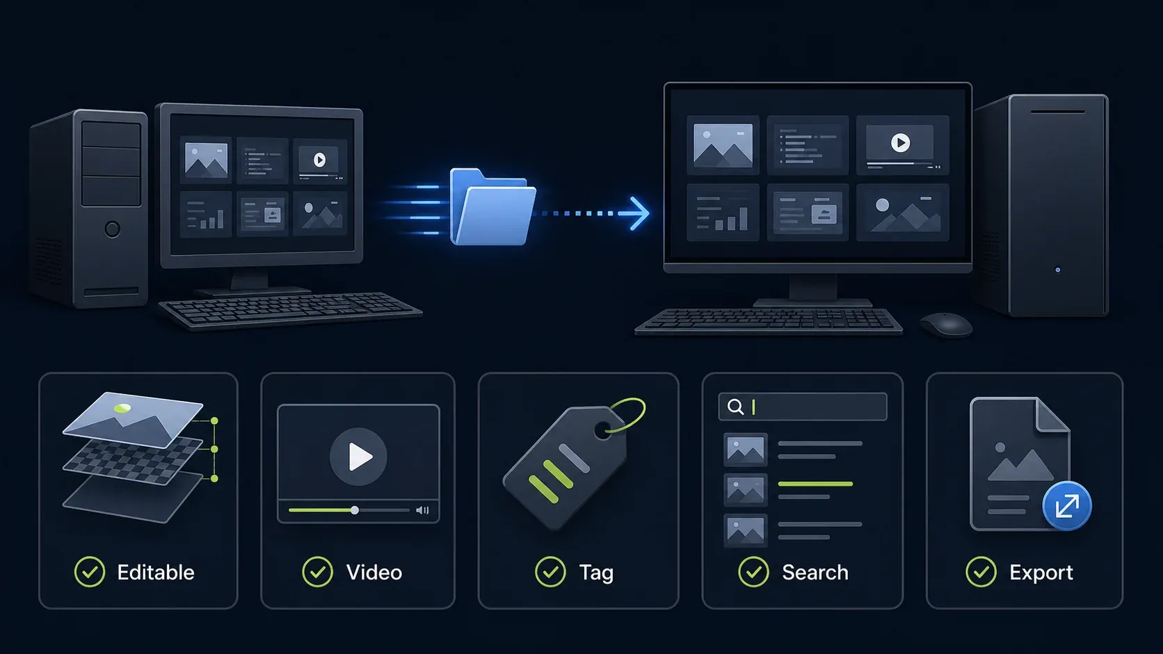 Snagit Library migration checked with editable image, video, tag, search, and export