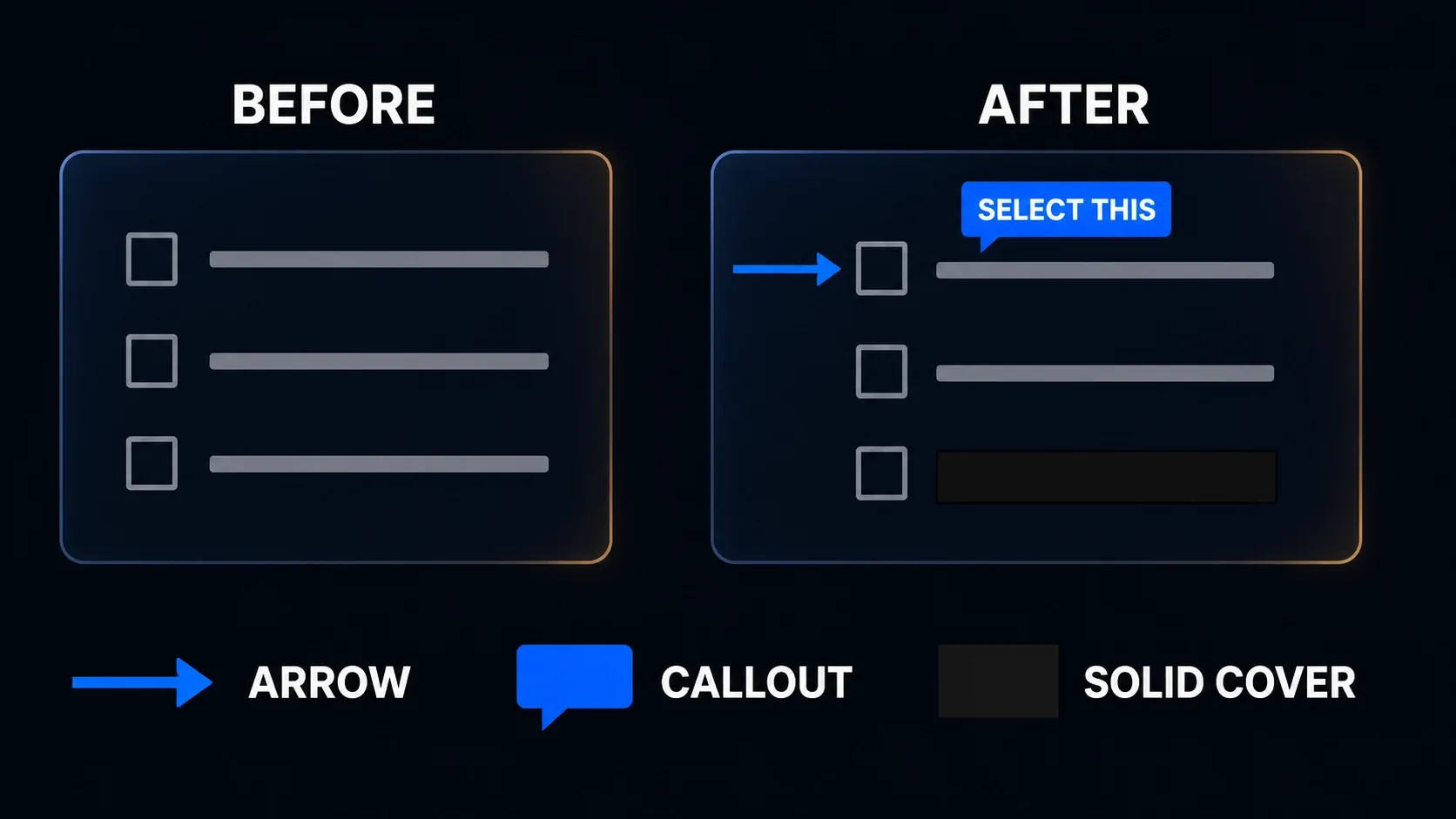 Screenshot annotation example using one arrow, one callout, and a solid privacy cover