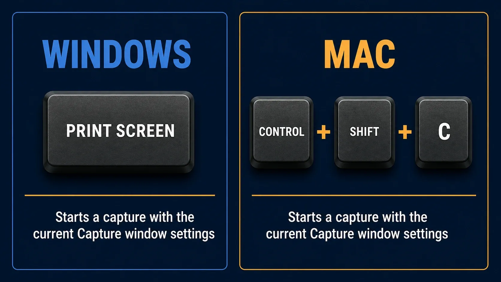Default Snagit capture shortcuts: Print Screen on Windows and Control Shift C on Mac