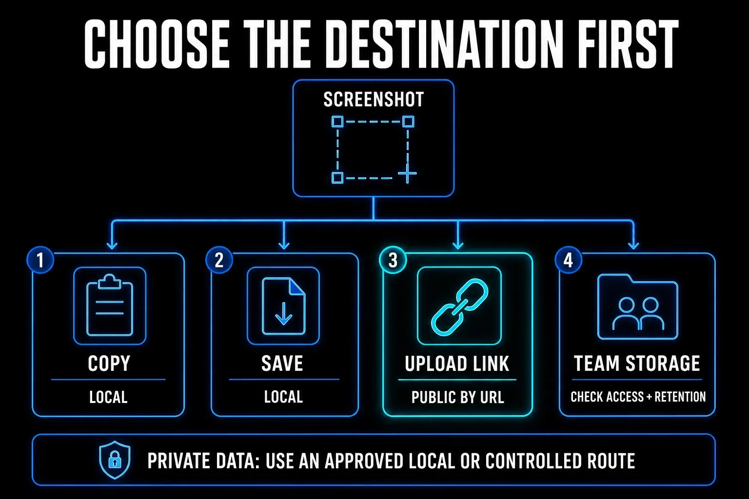 Screenshot handling decision between local copy, local file, public link, and controlled team storage
