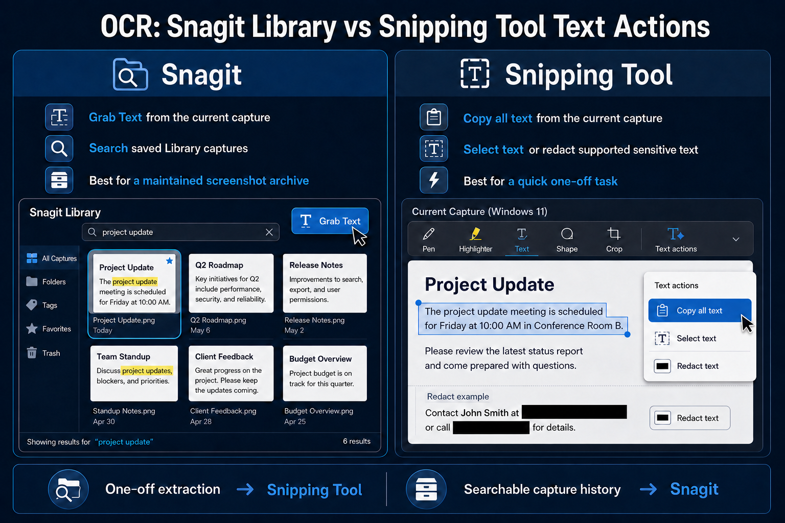 Snagit Grab Text and capture Library compared with Windows 11 Snipping Tool Text Actions for one-off OCR