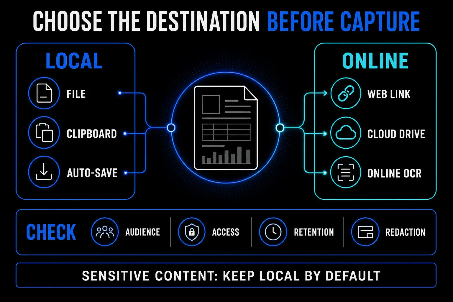 Local and online output routes for PicPick and Snagit with separate privacy checks