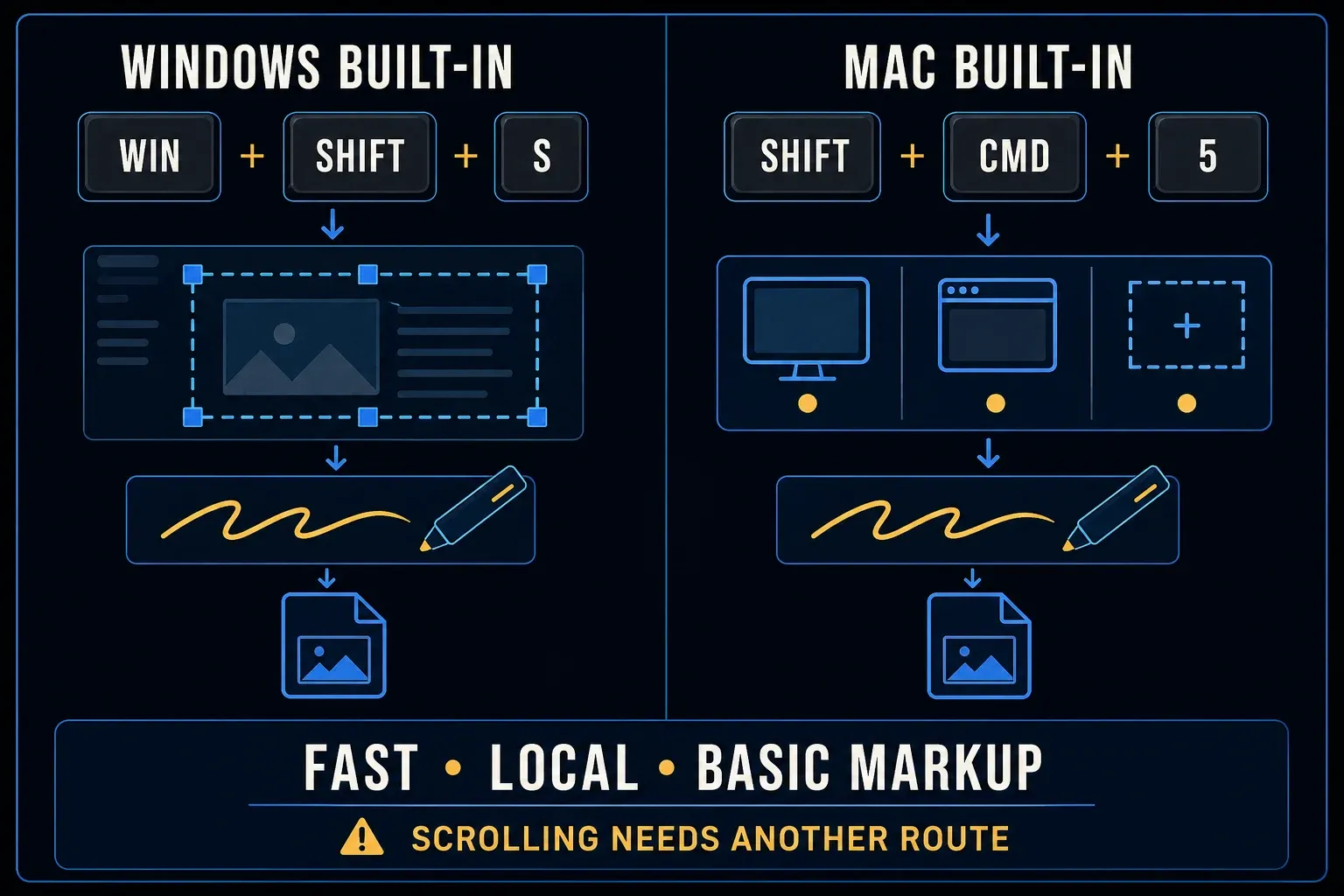 Comparison of built-in Windows and macOS screenshot workflows with their useful limits