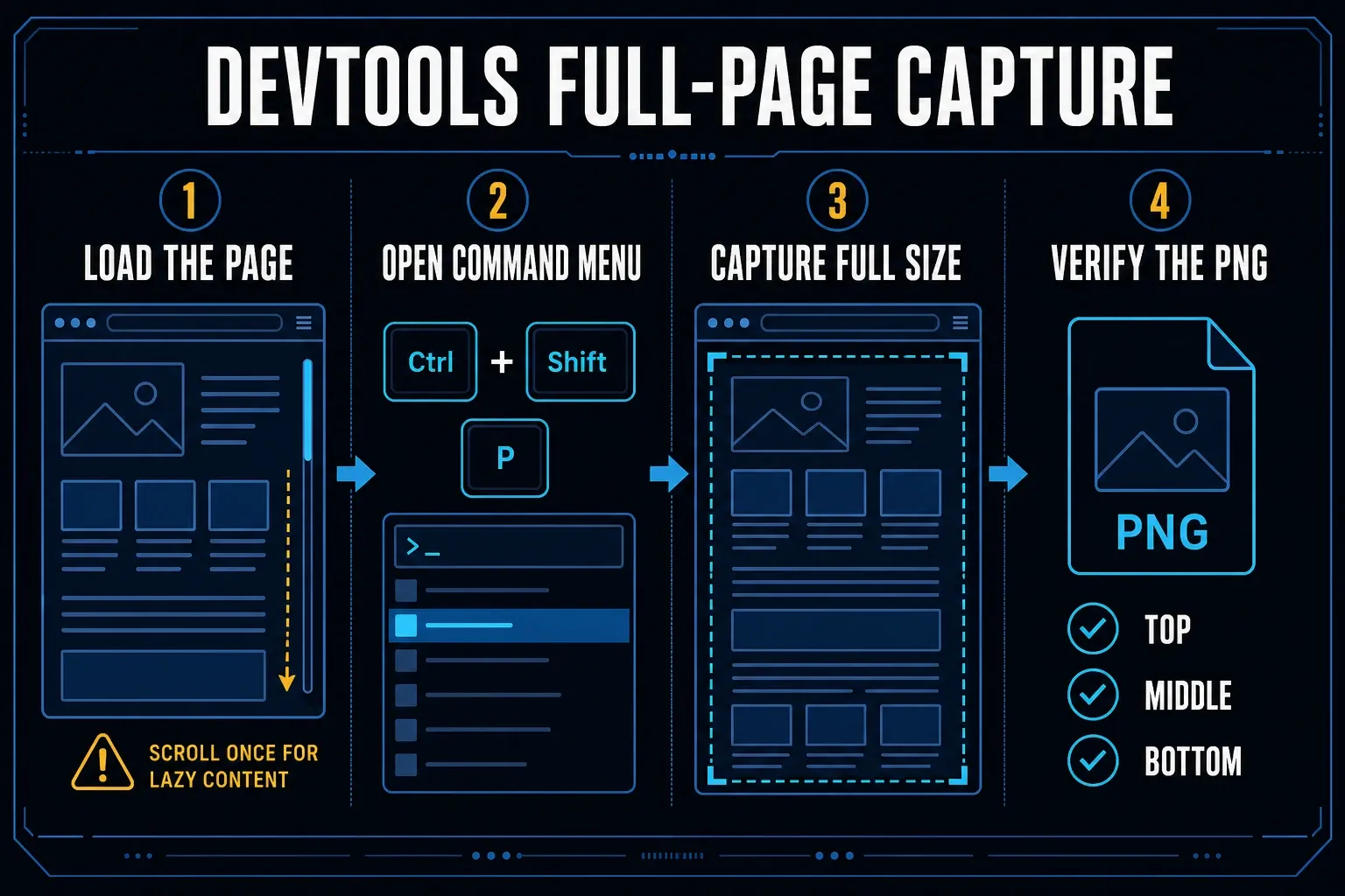 Chrome DevTools full-page screenshot workflow from loaded webpage to verified PNG