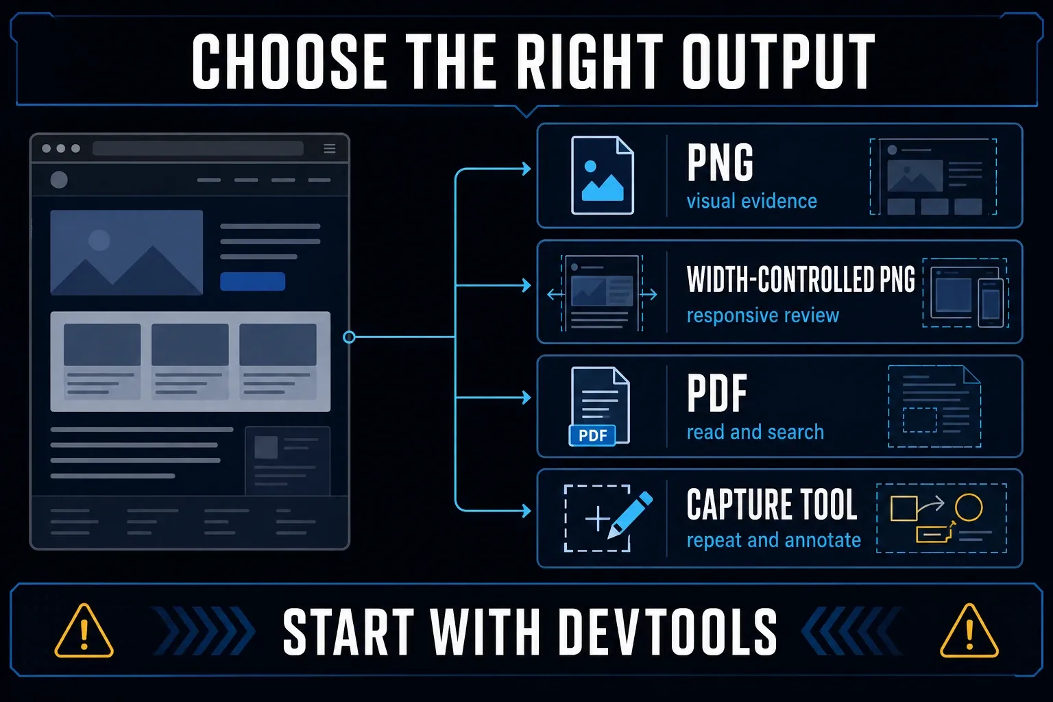 Decision map for choosing a Chrome full-page screenshot method by output and page type