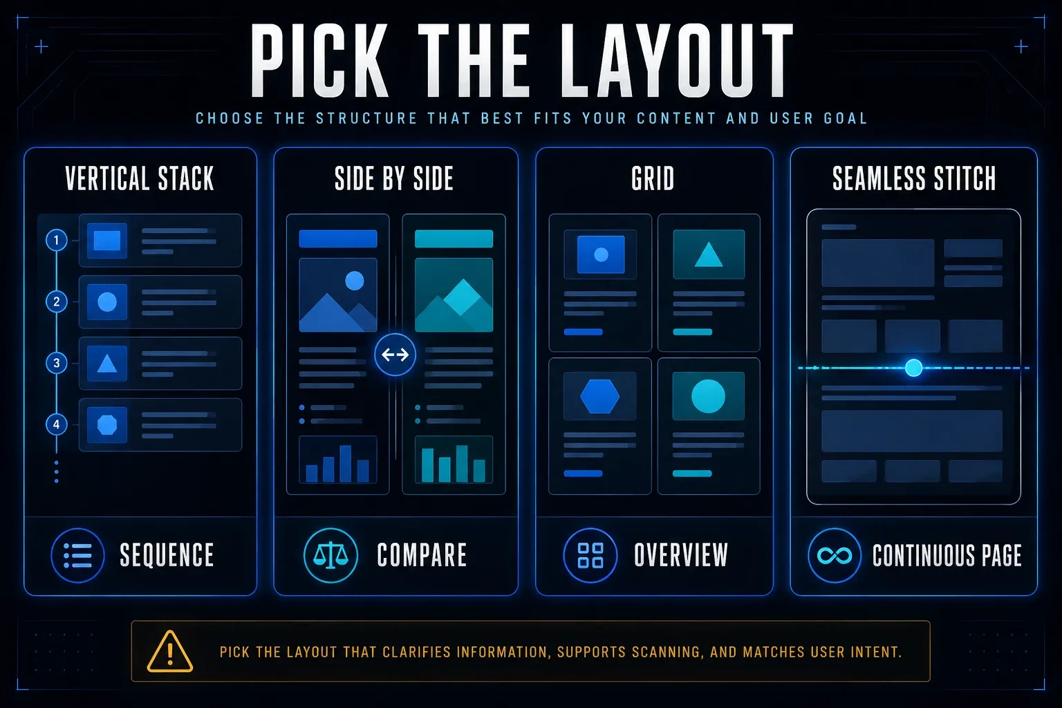 Screenshot combination decision map for vertical side-by-side grid and seamless stitch layouts