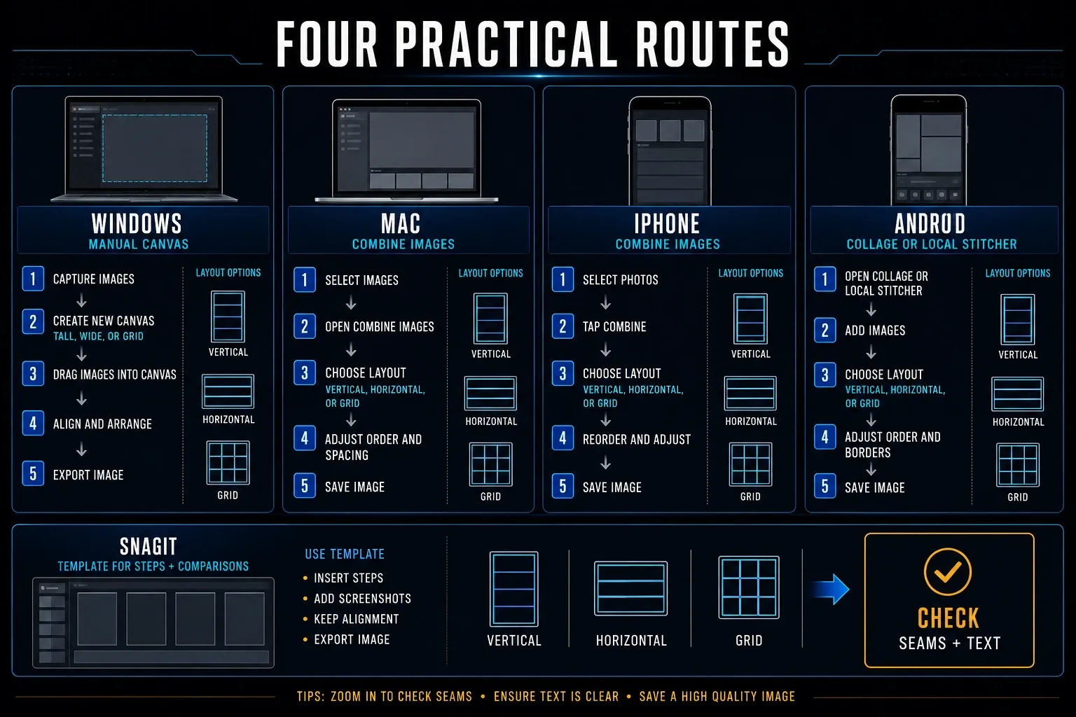 Windows Mac iPhone and Android routes for combining screenshots with Paint Shortcuts collage and local stitcher options