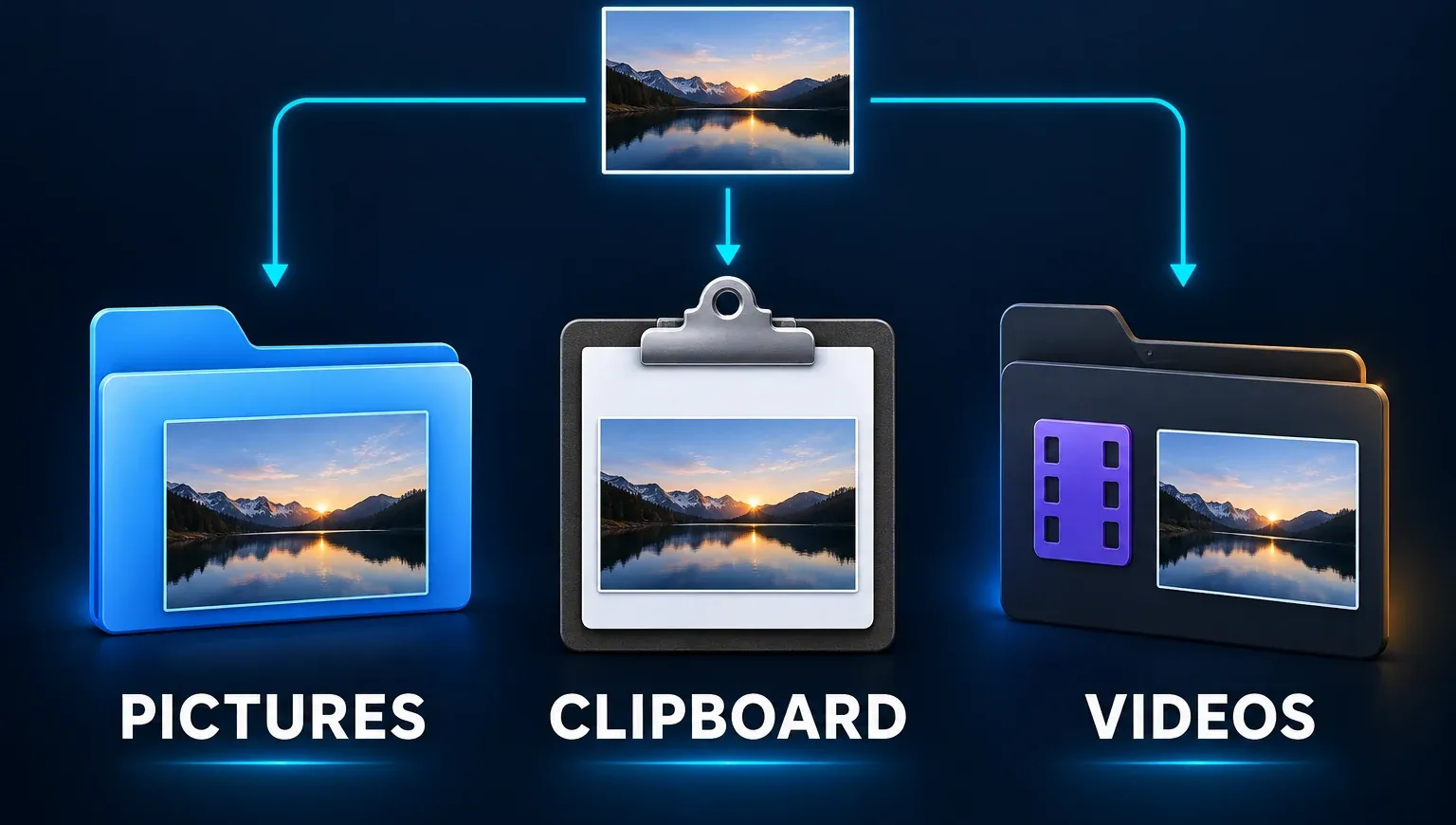 Three possible Windows screenshot destinations: the Pictures folder, Clipboard, and Videos folder