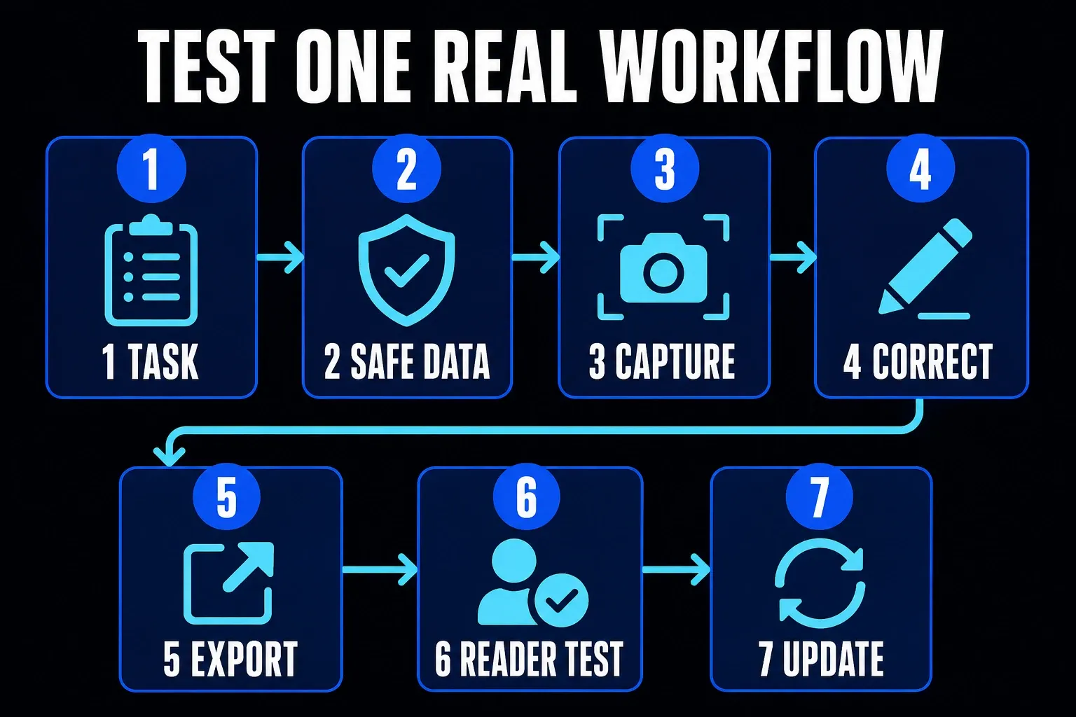 Seven-step pilot for testing capture accuracy, privacy, editing, export, reader success, and maintenance