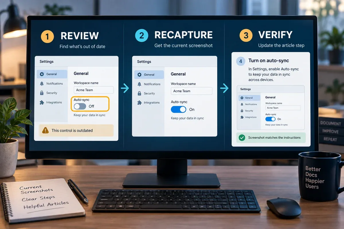 A screenshot maintenance review showing an old frame, a current replacement and a verification check