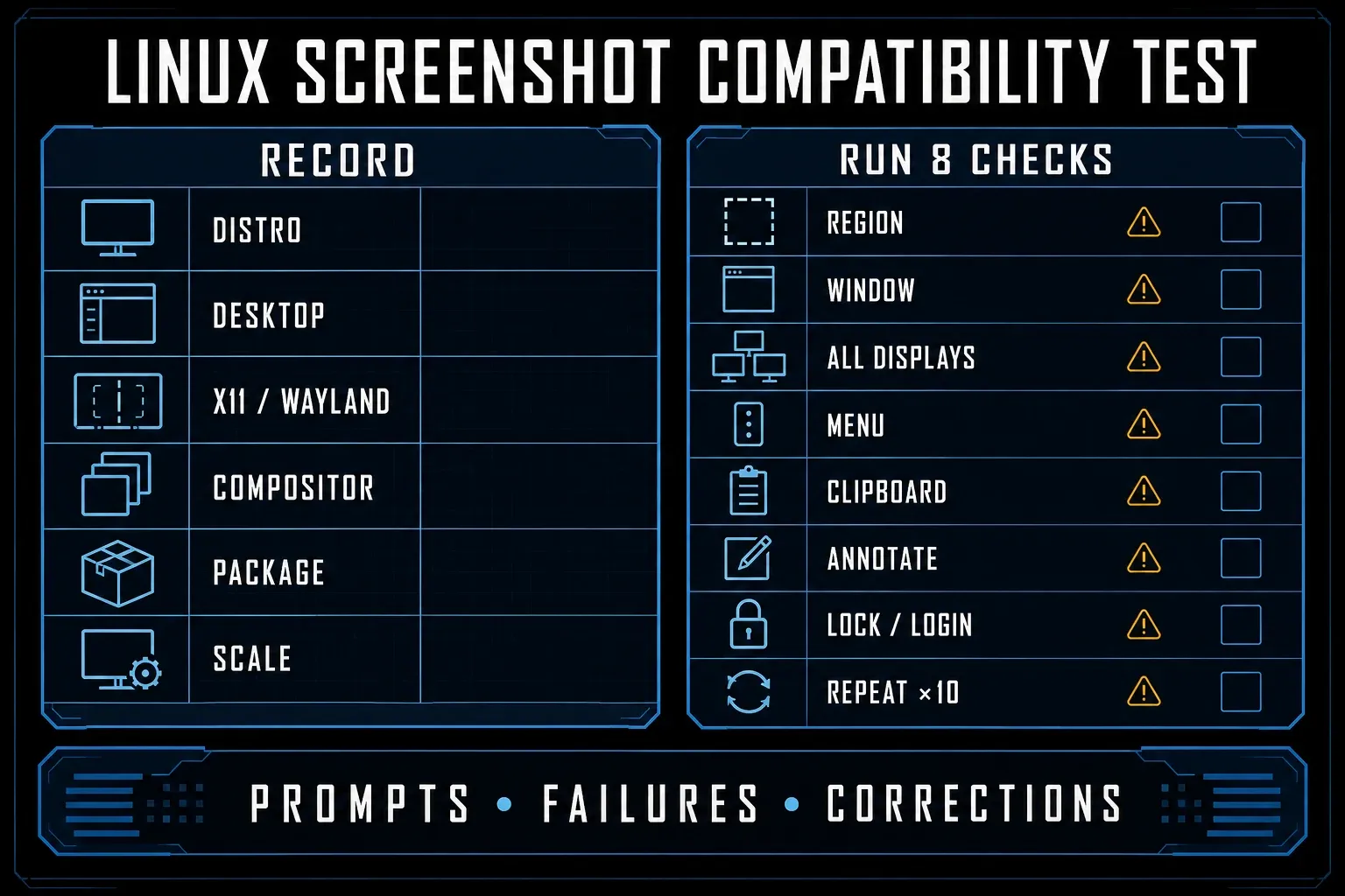 Linux screenshot compatibility test across desktop display server monitors and output