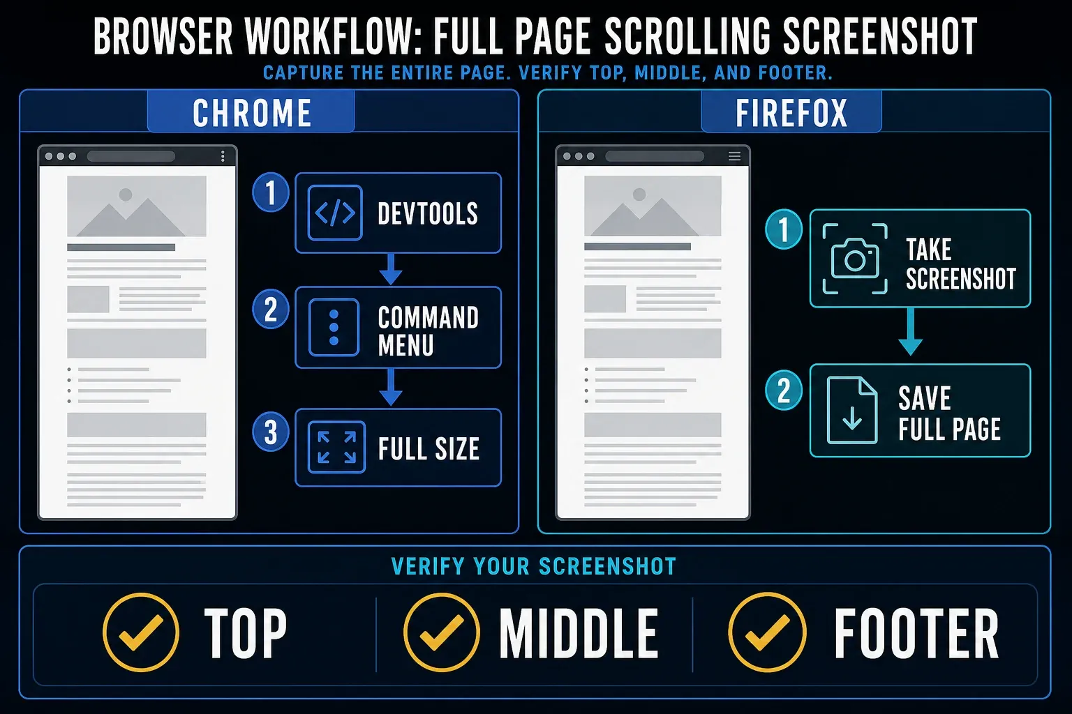 Chrome and Firefox full page screenshot workflows on a Mac with verification points
