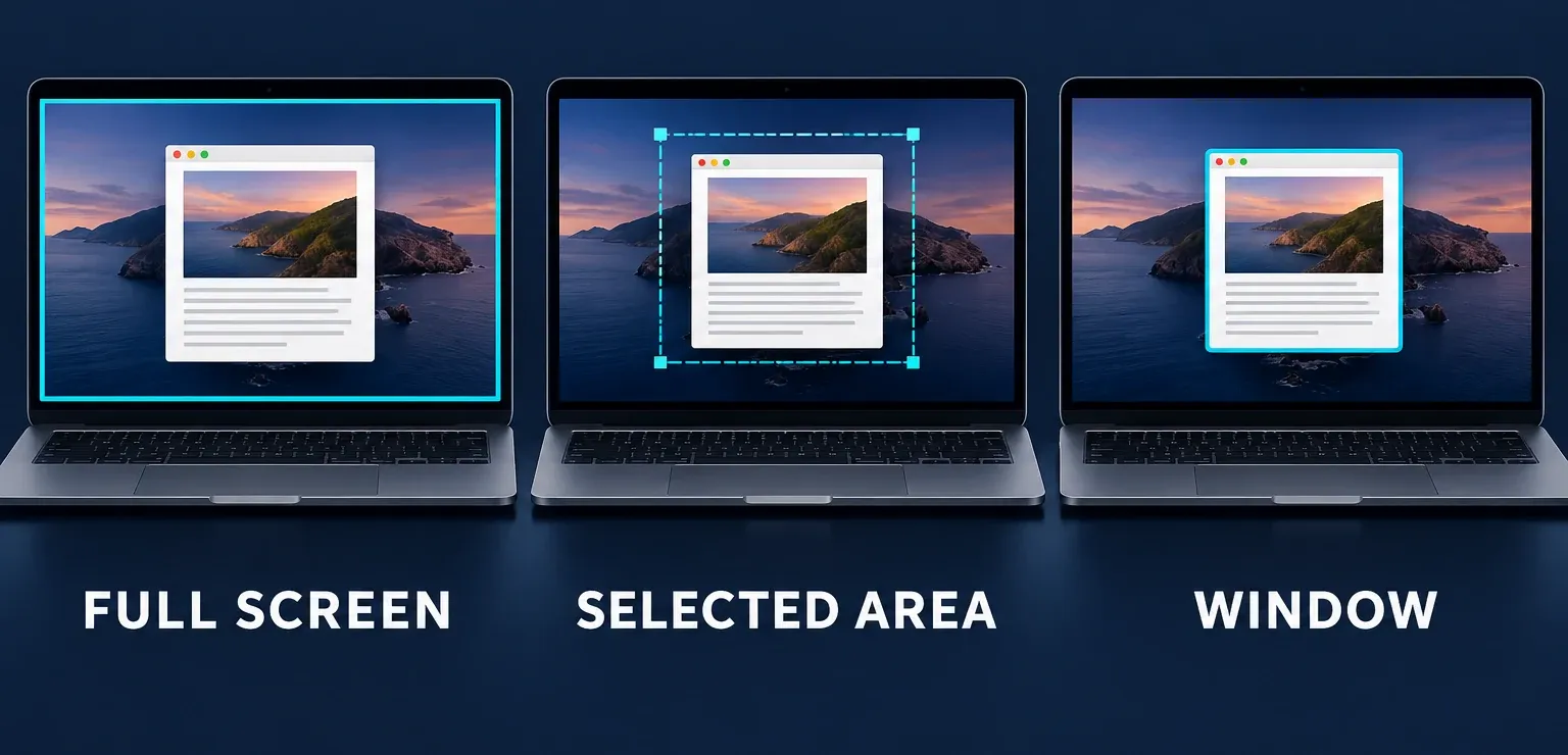 Three Mac screenshot targets: the full display, a selected rectangular area, and one window