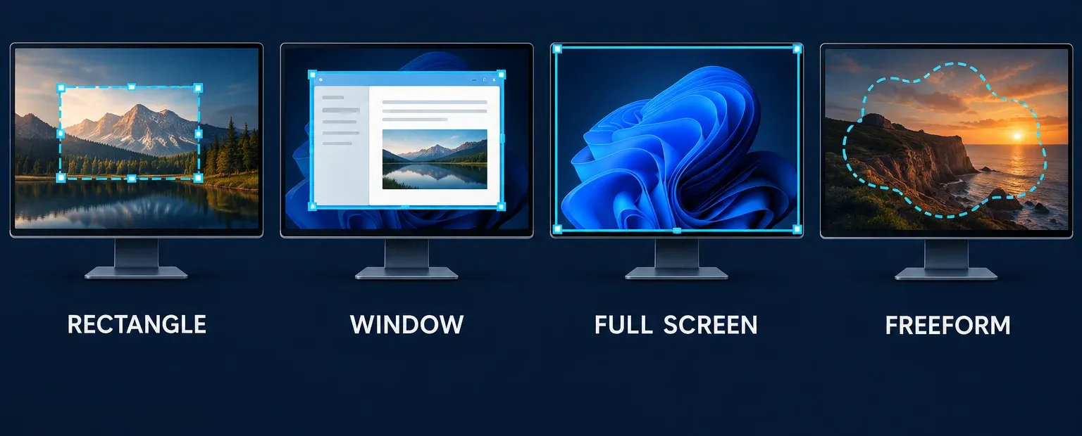 Four Windows 11 Snipping Tool screenshot modes: Rectangle selects an area, Window selects one app, Full screen captures the display, and Freeform follows a drawn outline