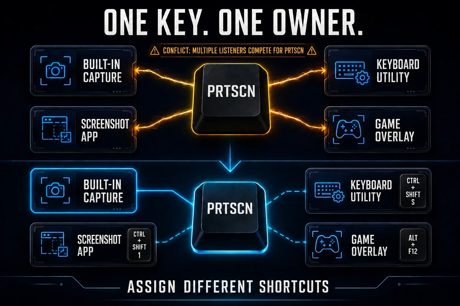 One-owner rule for Print Screen across built-in capture, screenshot apps, keyboard utilities, and game overlays