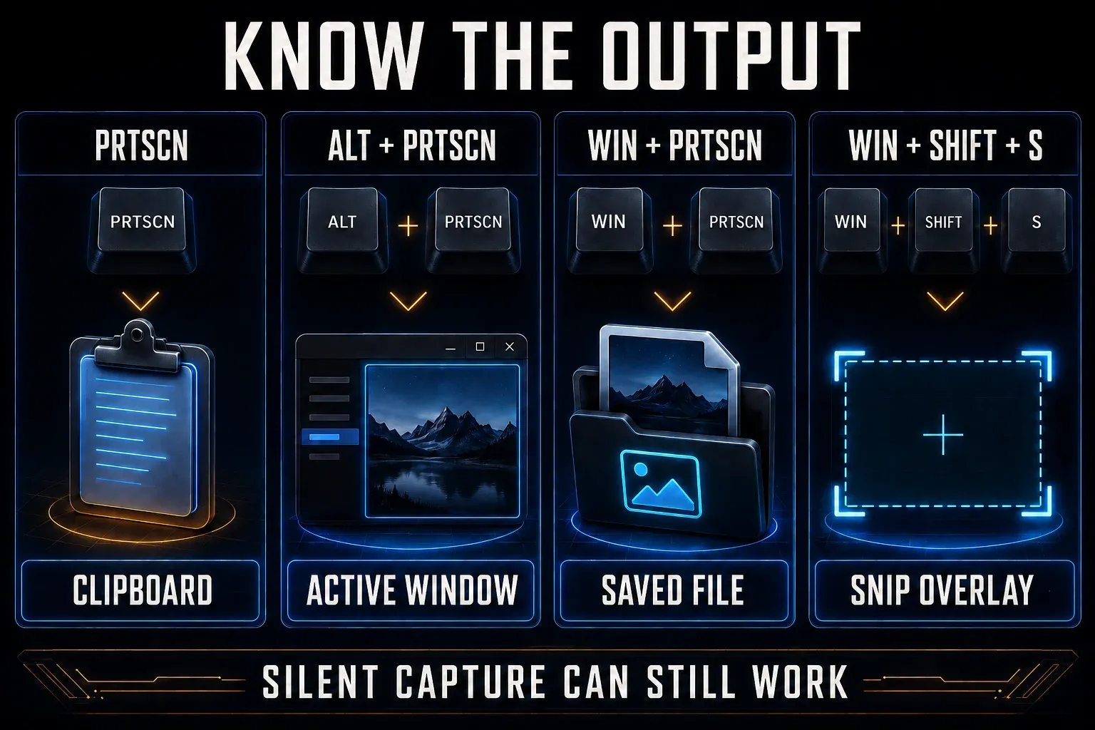 Windows 11 Print Screen shortcut matrix for clipboard, active-window, saved-file, and snipping-overlay results