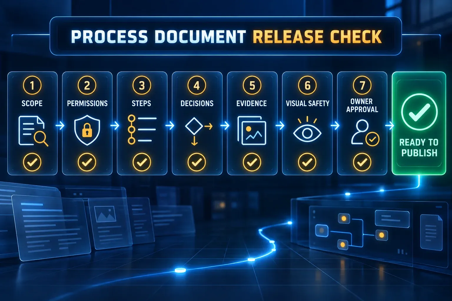Seven-point process document release check covering scope, permissions, steps, decisions, evidence, visual safety and owner approval