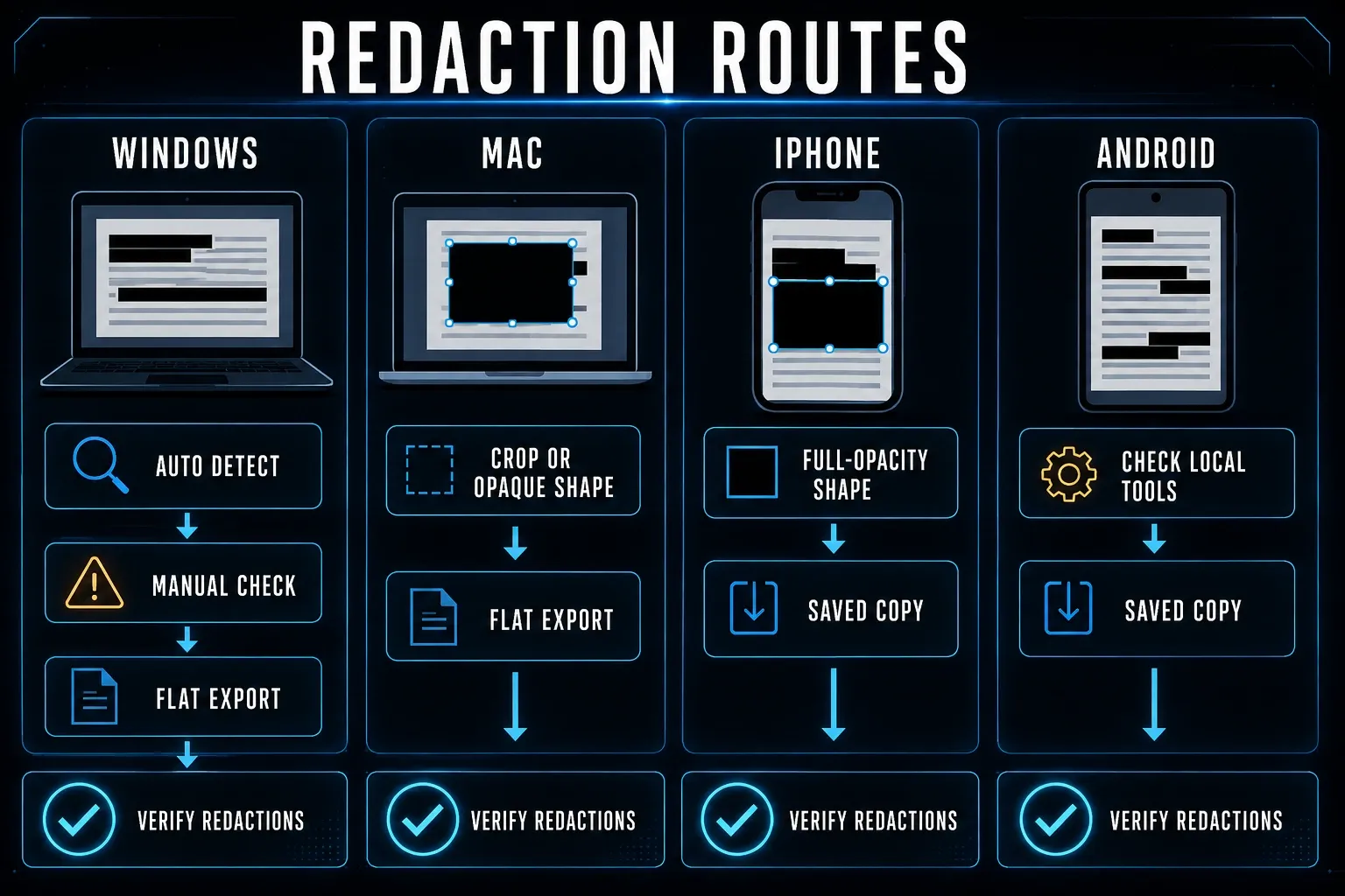 Windows Mac iPhone and Android screenshot redaction routes with automatic detection manual opaque cover and export verification