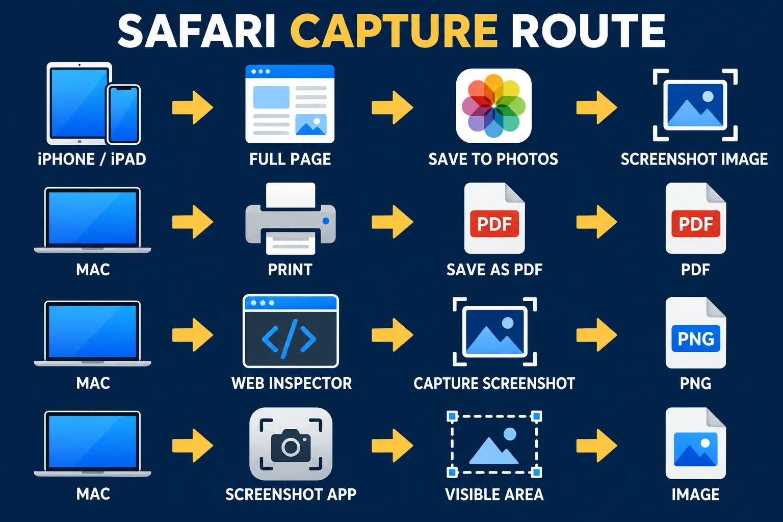Safari output decision map: mobile Full Page saves an image to Photos, while Mac can save PDF or PNG