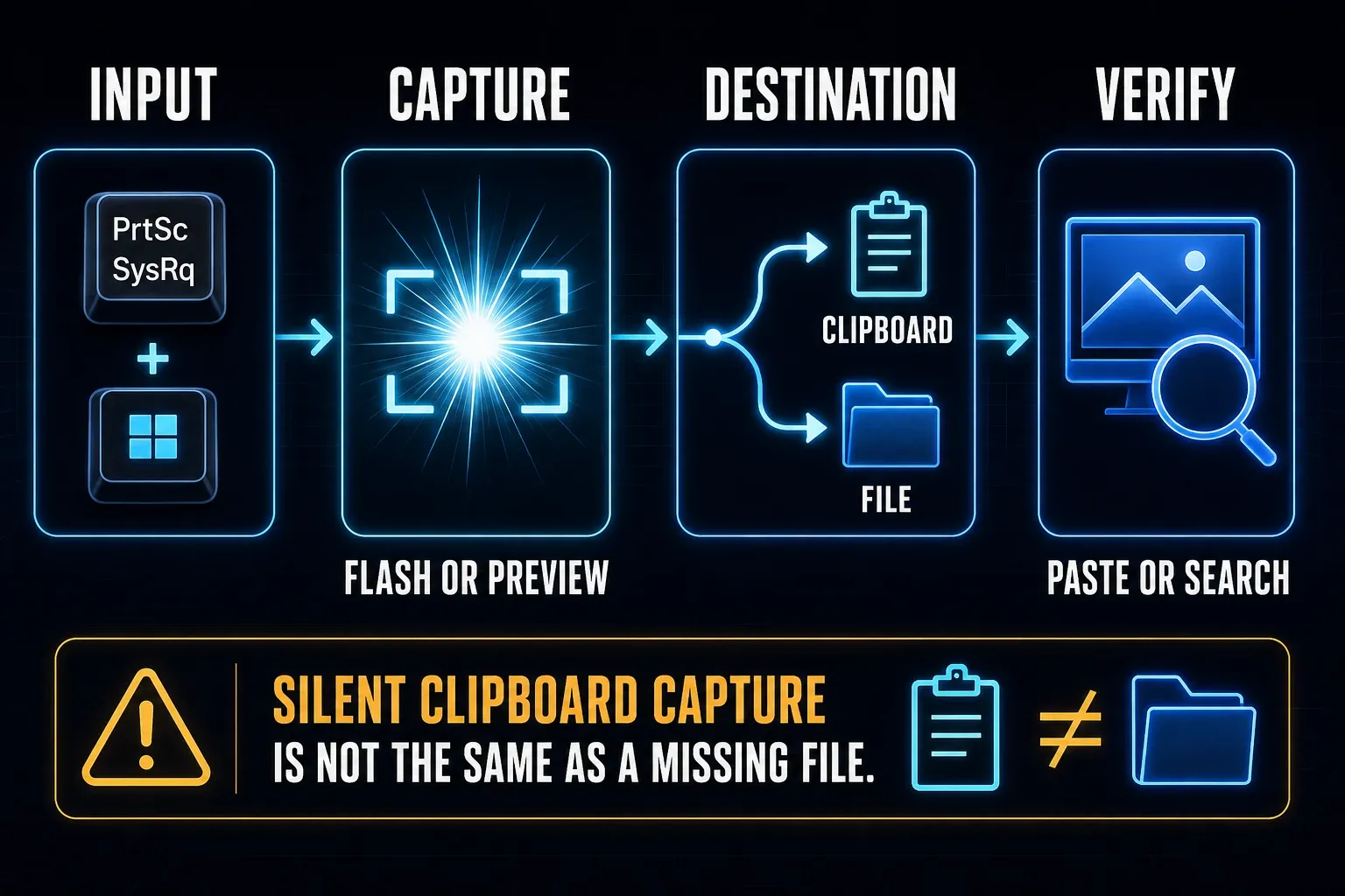 Screenshot path from input and capture confirmation to clipboard or file verification