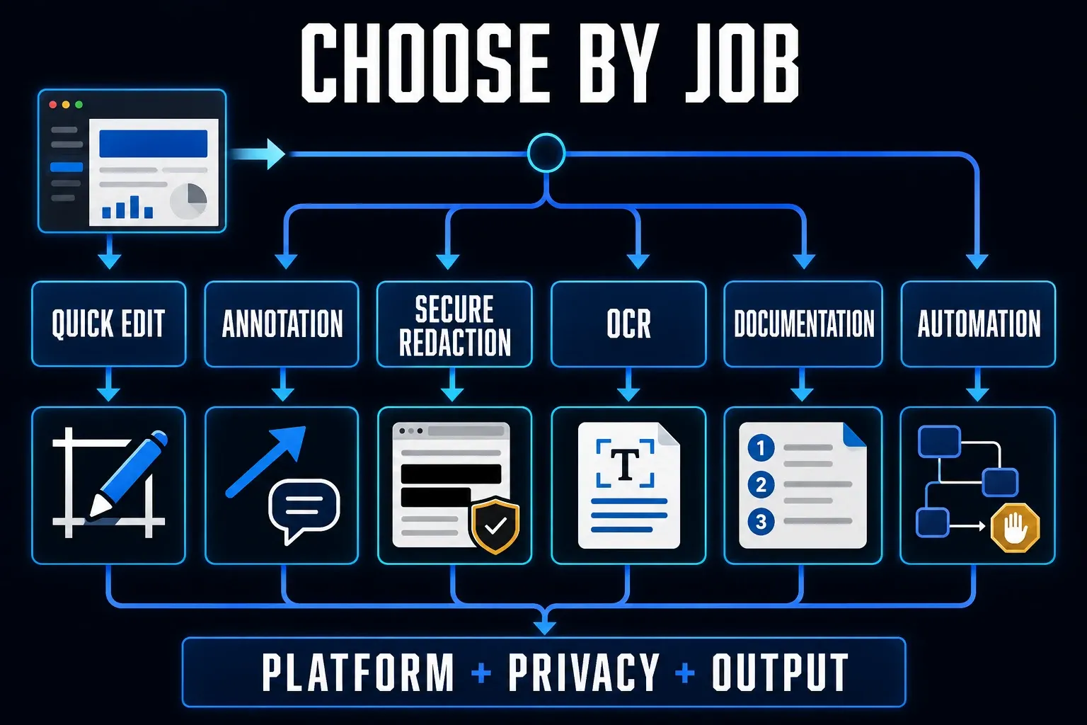 Screenshot editing tools decision map for annotation redaction OCR documentation and quick built-in edits