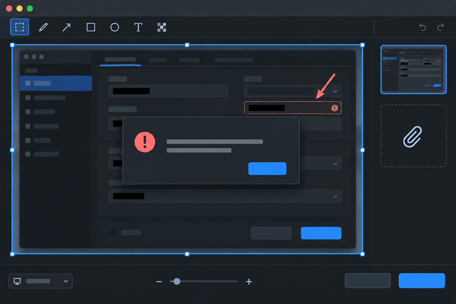 Screenshot editor showing an error dialog, annotation arrow, redacted fields, and attachment panel