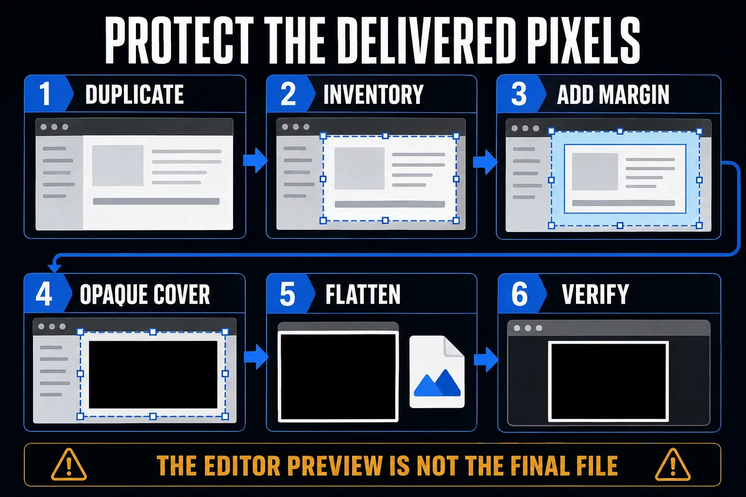 Screenshot privacy workflow showing selection margins opaque cover flattened export and external verification
