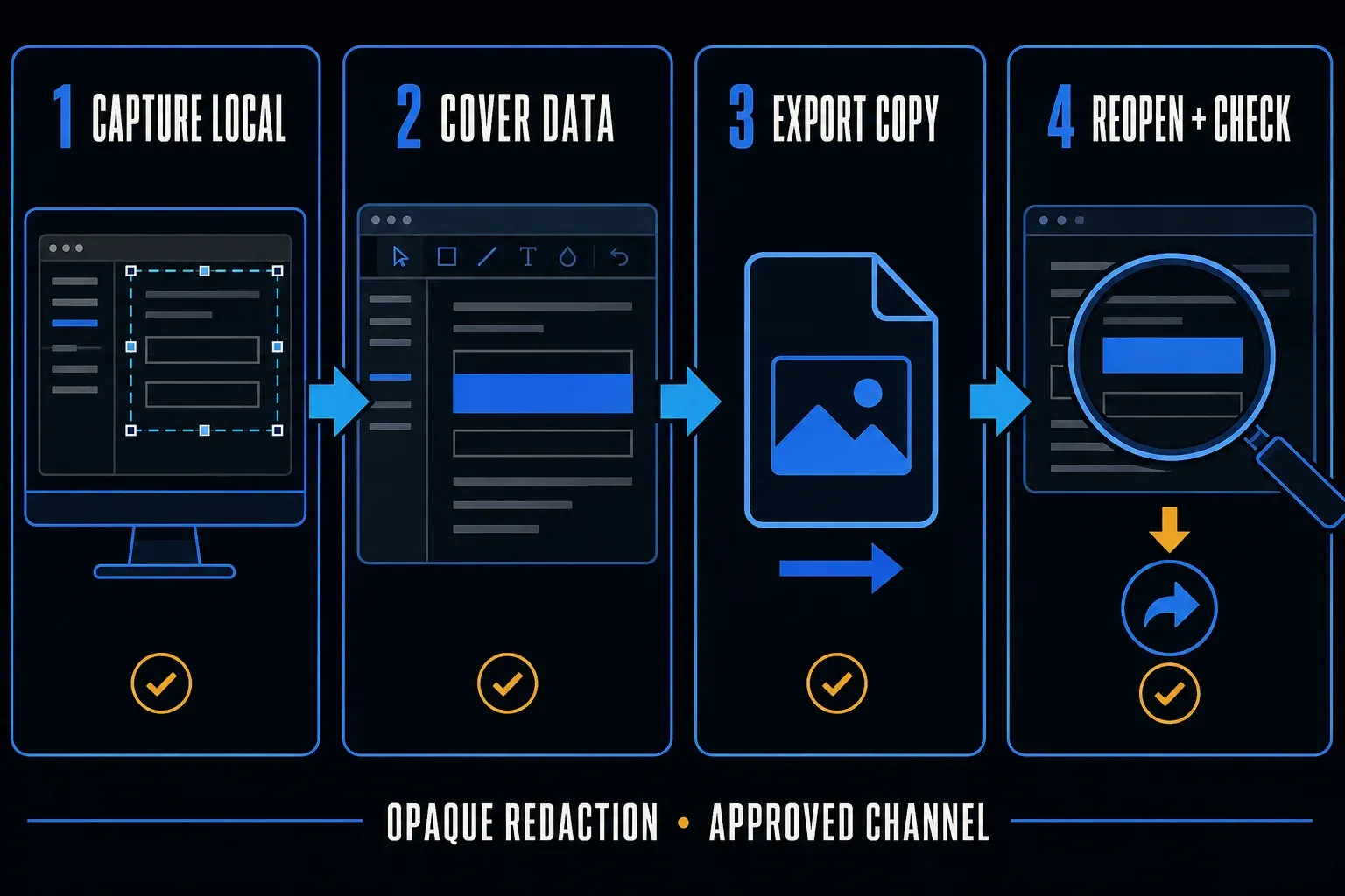 Local screenshot privacy workflow showing capture, redaction, export review, and controlled sharing
