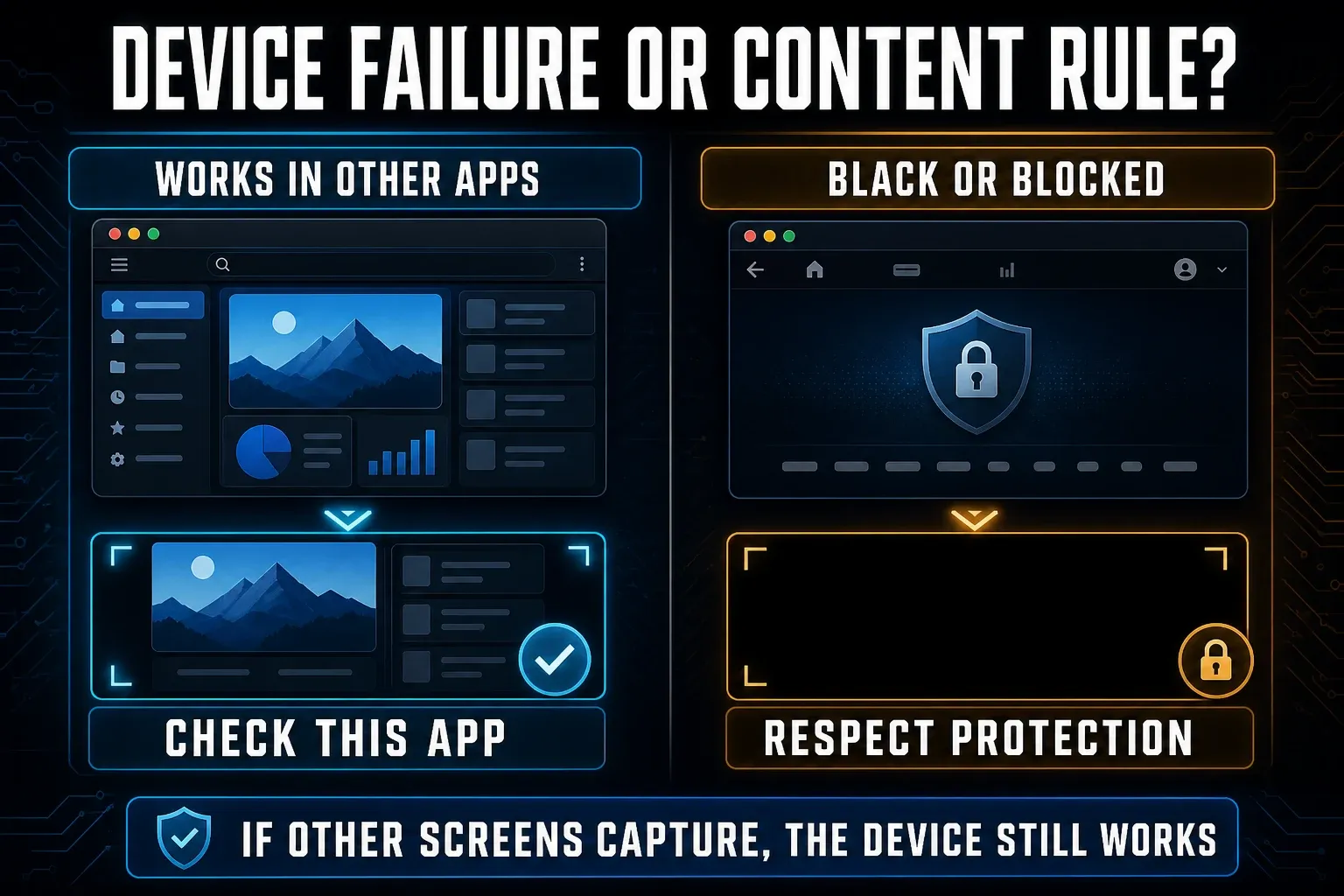 Comparison of a working screenshot in ordinary apps and black or blocked protected content