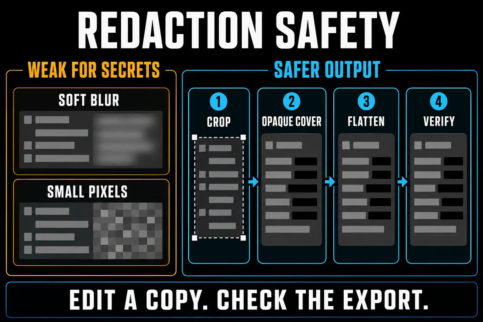 Screenshot redaction safety comparison between blur pixelation opaque cover crop and verified flattened export