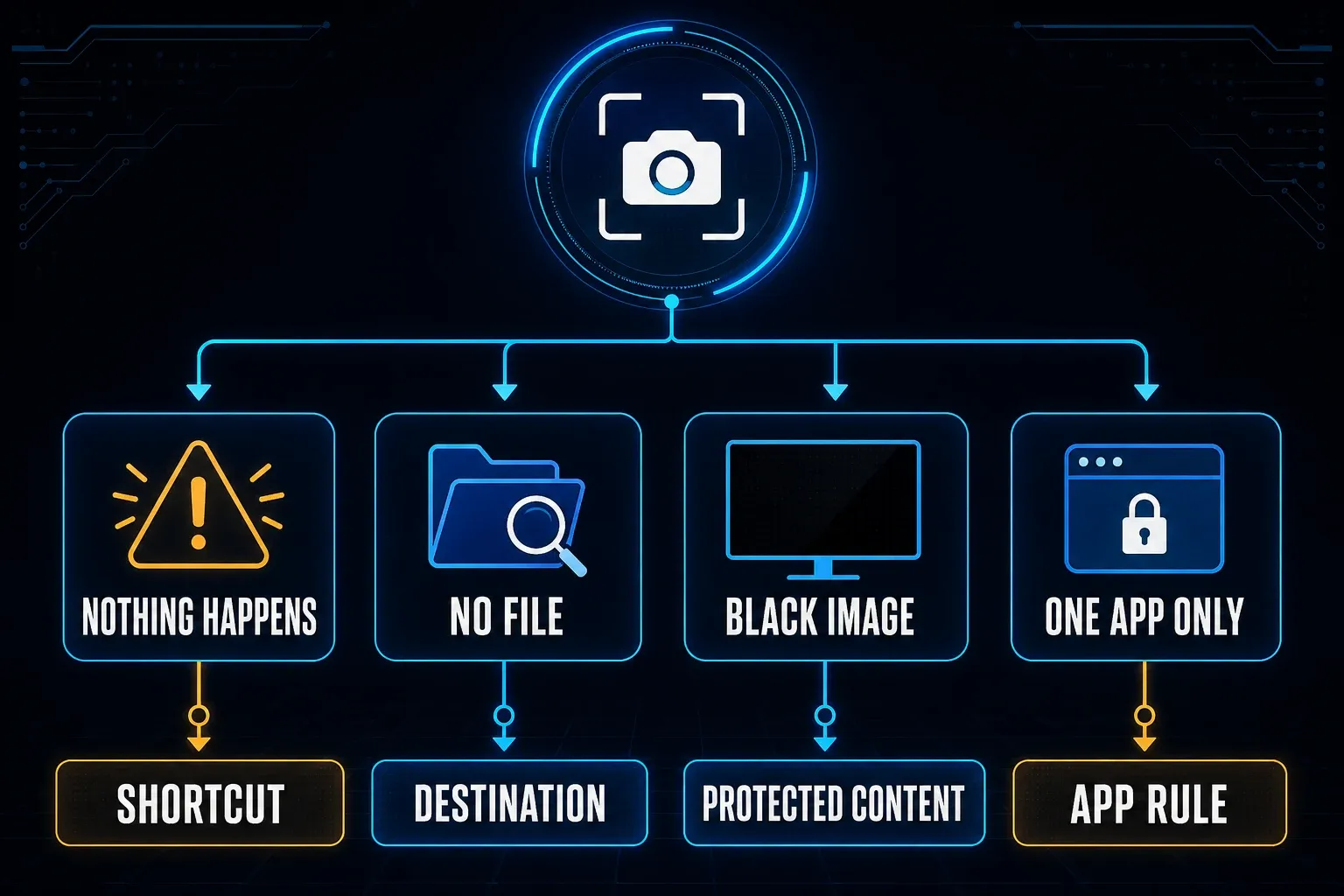 Screenshot failure decision map for no response, missing file, black image, and one-app-only problems
