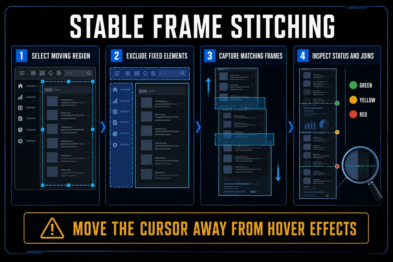 ShareX scrolling screenshot workflow selecting only the moving content region and checking stitch status