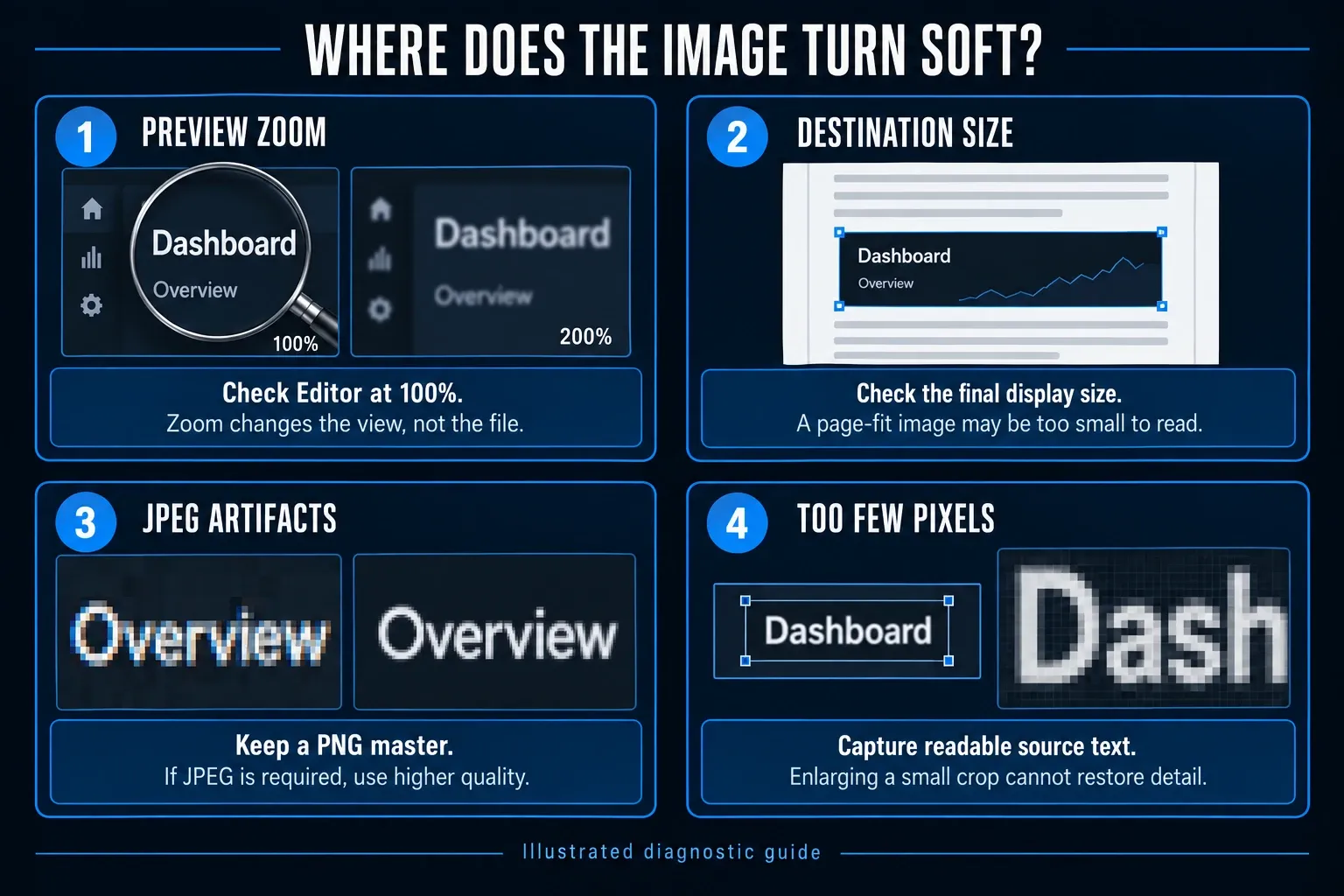 Four checks for blurry Snagit captures: preview zoom, destination size, JPEG artifacts and source pixels