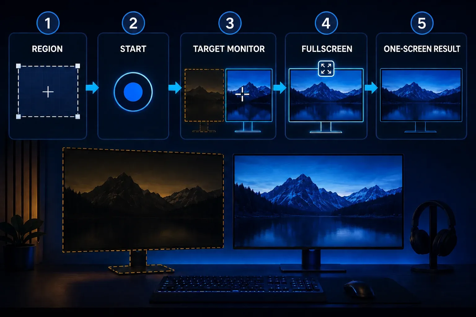 Snagit Region selection moving to the target monitor and using its Fullscreen button to capture one display