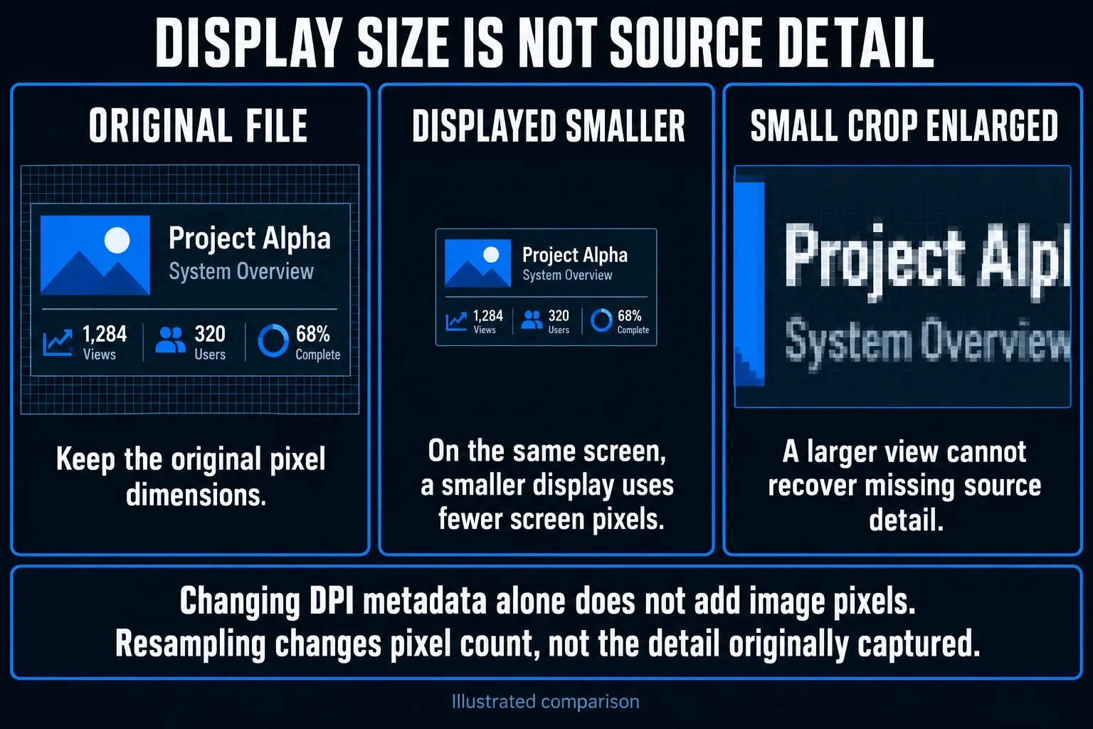 Original image, smaller display and enlarged crop illustrating the limits of screenshot scaling