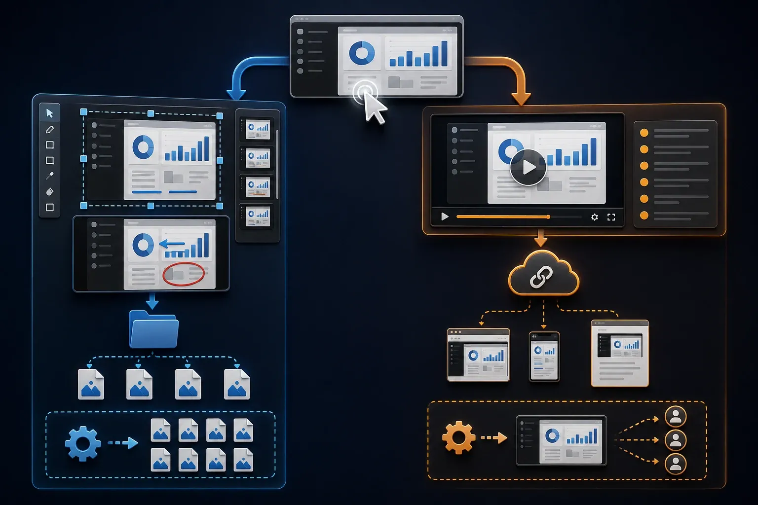 Workflow capture branching into Snagit editable assets and Guidde hosted video plus written guide