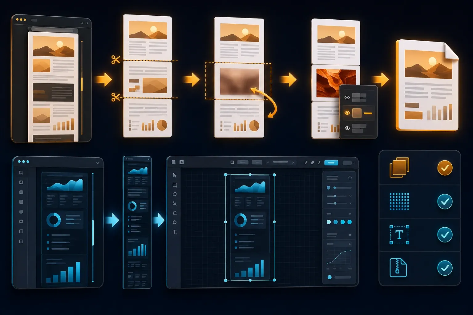 Multi-page PDF and scrolling webpage review in browser compared with a detailed desktop editing canvas