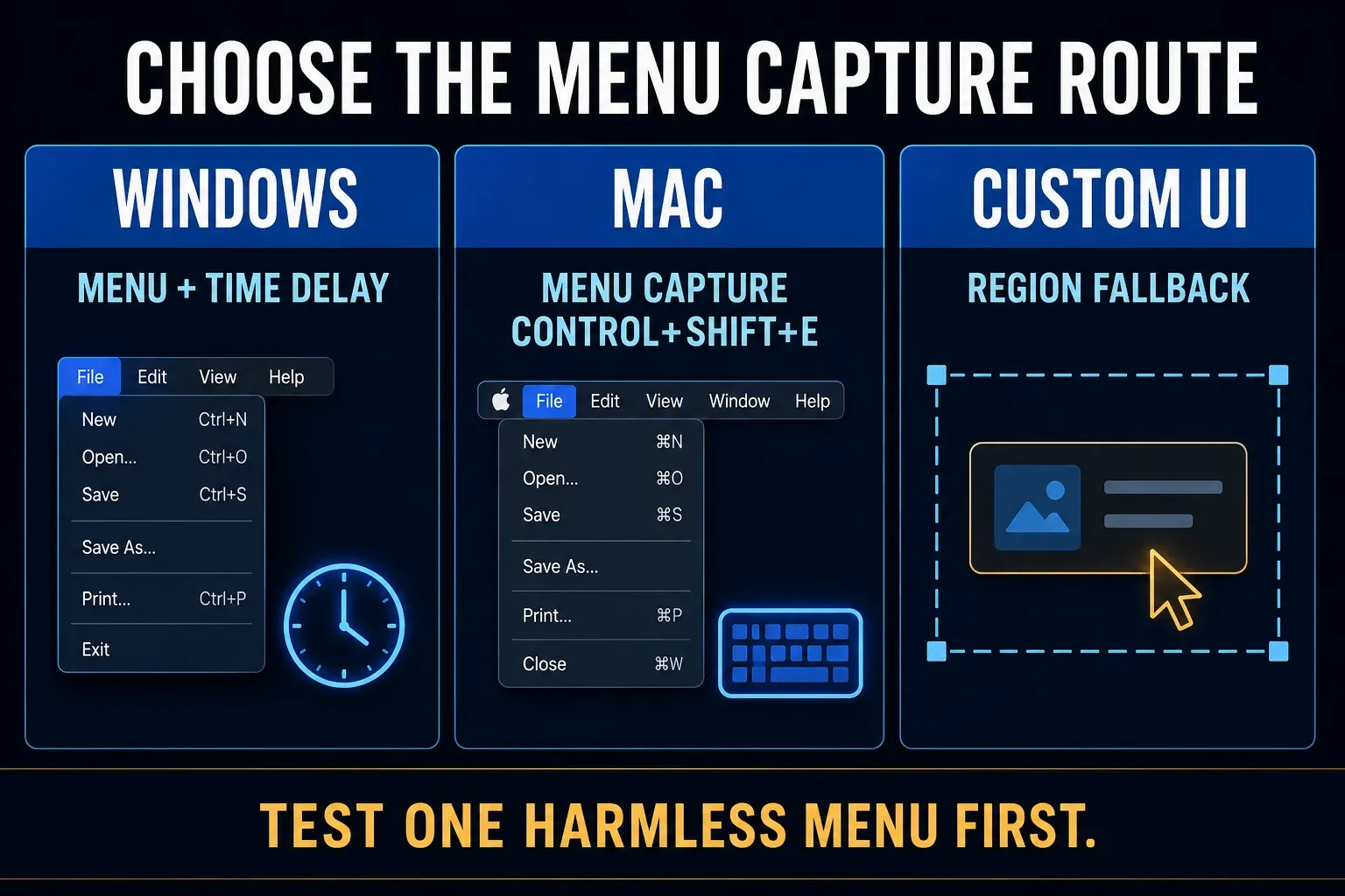 Snagit menu capture routes: Windows Time Delay, Mac Control+Shift+E and Region for custom panels