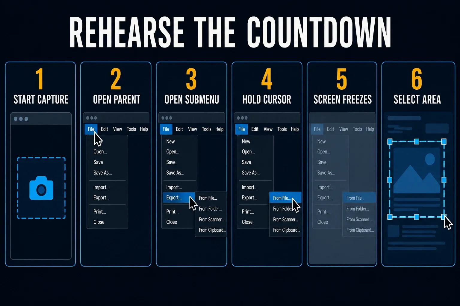 Timed menu capture sequence: start, open the parent and submenu, hold the pointer, then inspect the result
